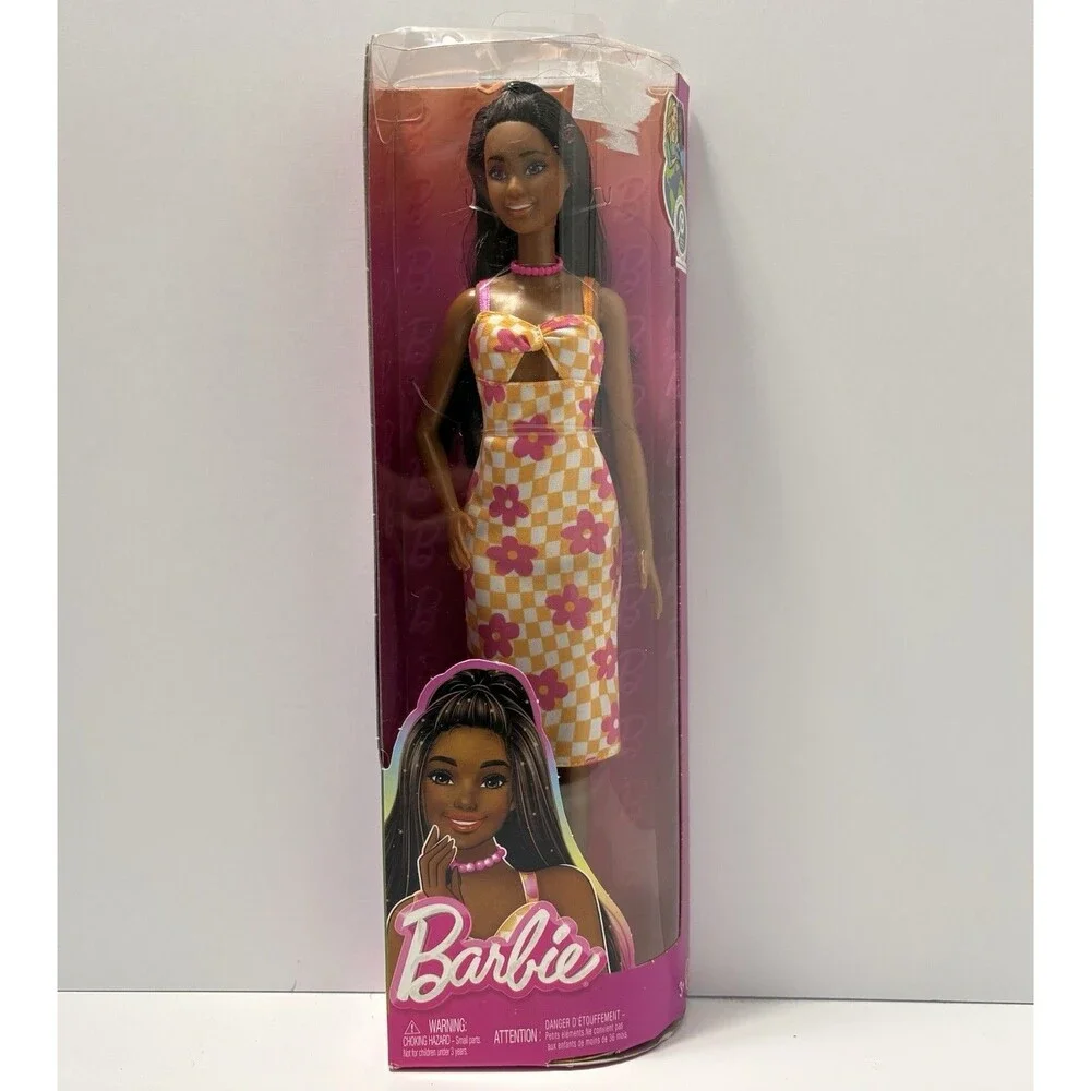 Barbie Fashionistas Doll #233 with Black Hair, Wearing Checkered Dress - NEW